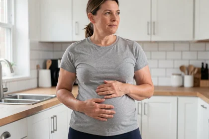 Femme de 38 ans avec un ventre arrondi debout dans une cuisine moderne, les mains posées sur l'abdomen, en tenue de sport grise et legging marine