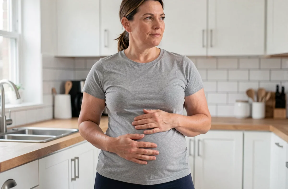 Femme de 38 ans avec un ventre arrondi debout dans une cuisine moderne, les mains posées sur l'abdomen, en tenue de sport grise et legging marine