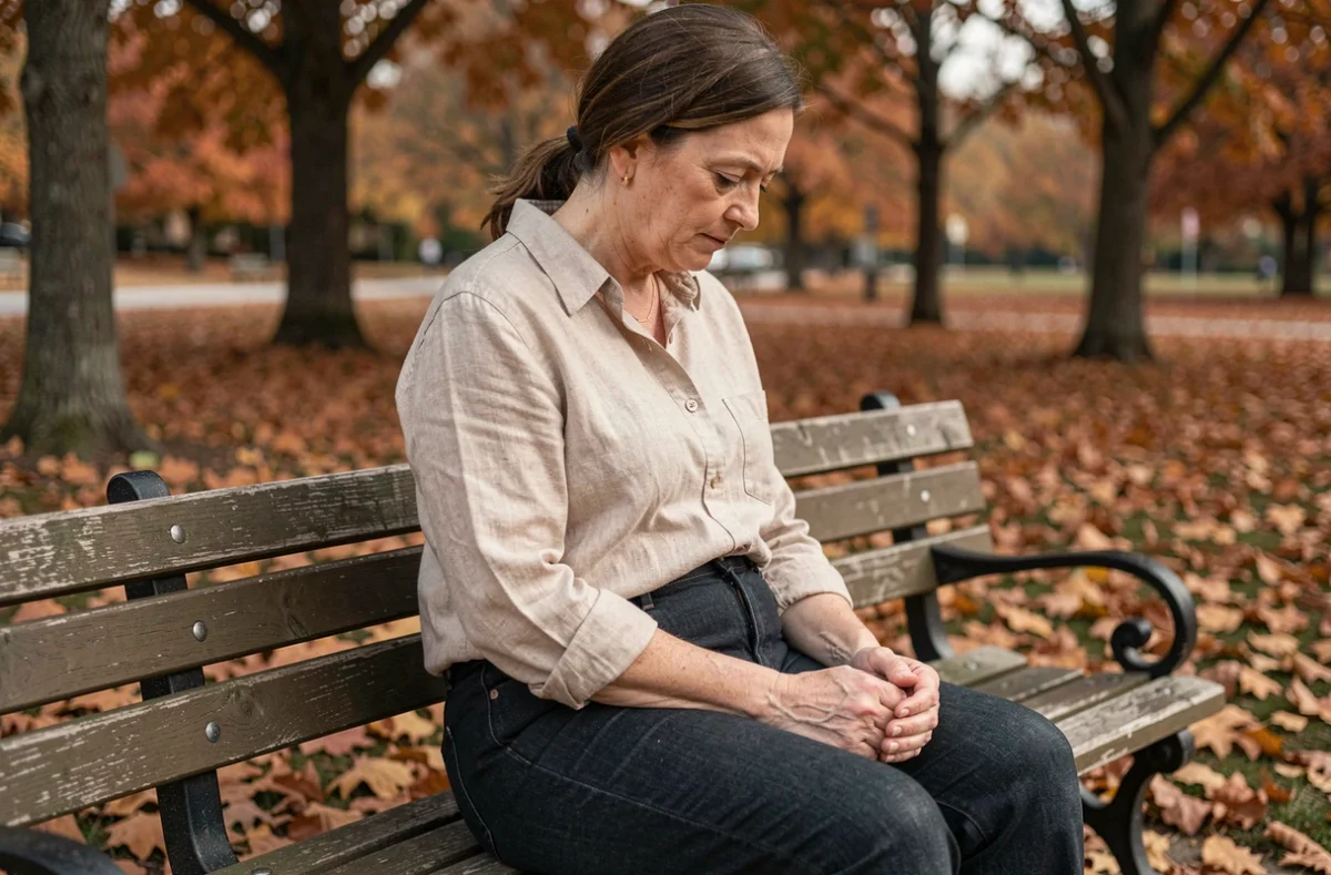 Femme de 45 ans assise sur un banc de parc en automne avec un ventre bas visible, vêtue d'une blouse en lin et d'un jean taille haute