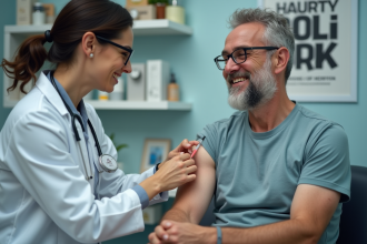 Médecin femme administrant un vaccin à un homme souriant