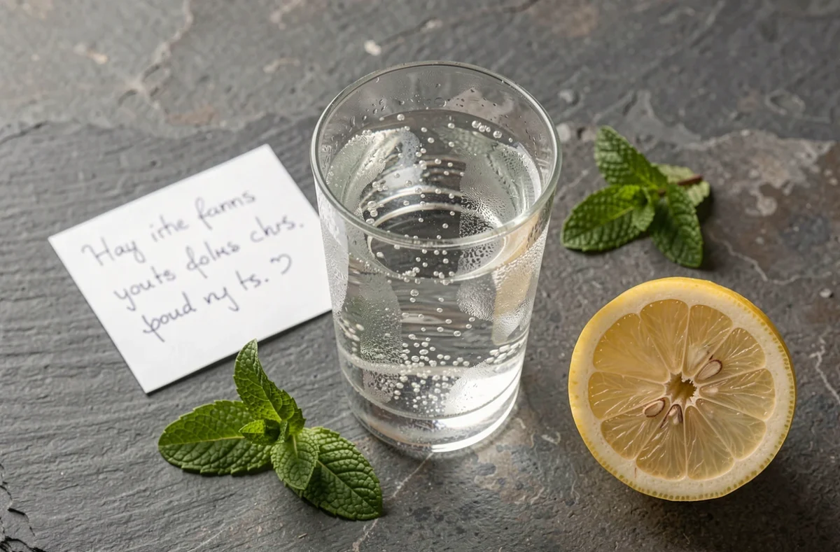 Vue de dessus d'un verre d'eau minérale gazeuse avec du citron et de la menthe sur un comptoir en pierre, ambiance bien-être digestif