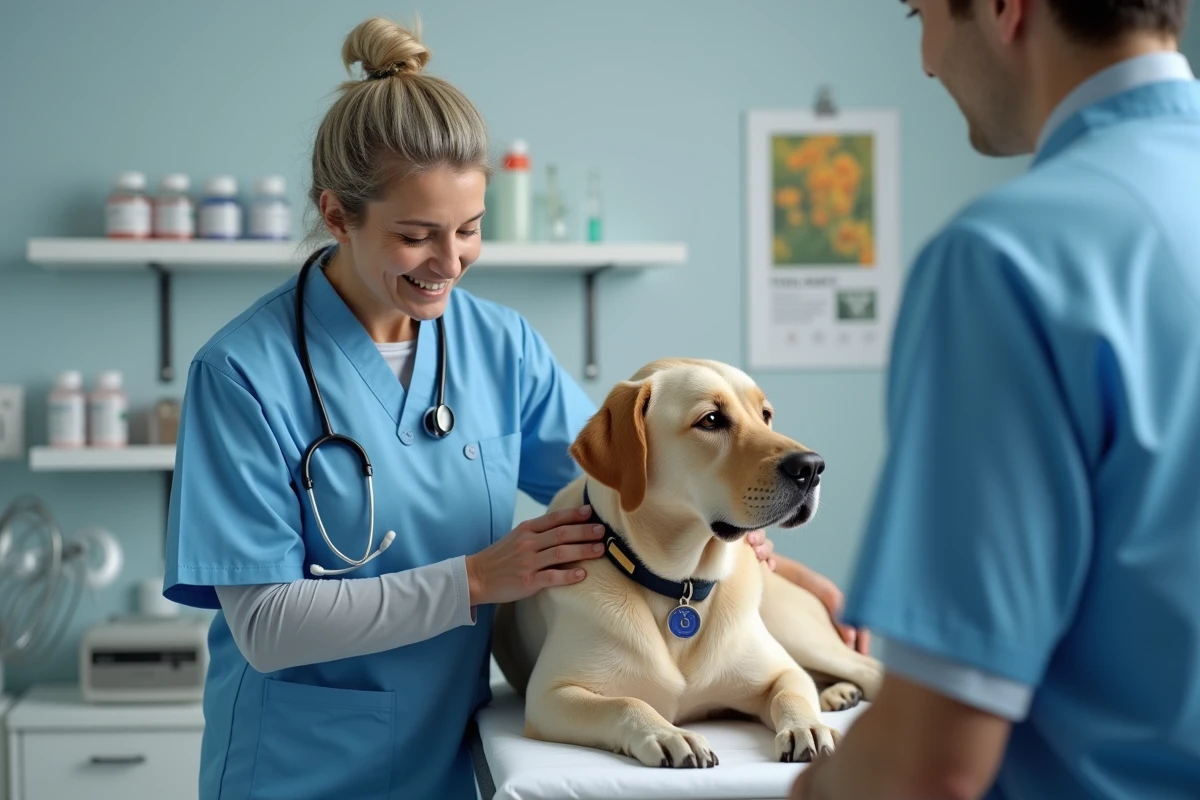 Vétérinaire examine un labrador dans une clinique moderne